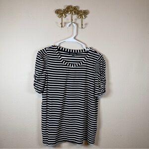Modern Works Black & White Striped Tee Women's Top. Gathered Cap Sleeves. Size M